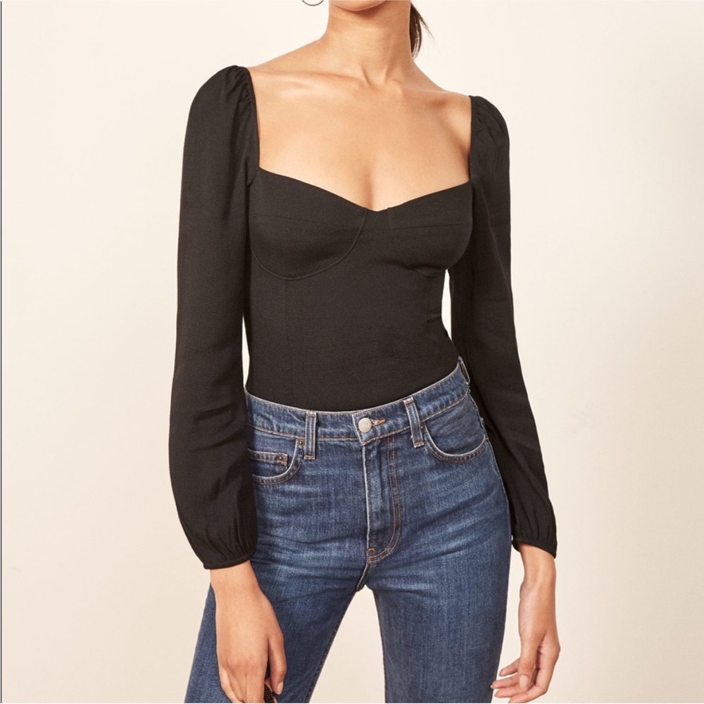 Reformation Black Sweetheart Long Sleeve Bodysuit